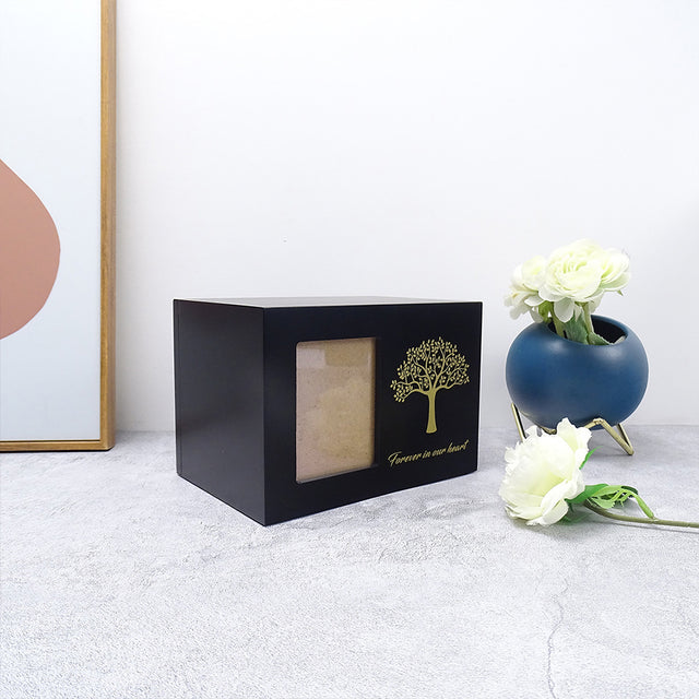 Medium and Large Black Pine Pet Urn with Photo Frame