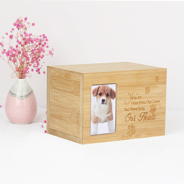Puppy Paw Print Bamboo Wood Pet Urn with Commemorative Photo Frame