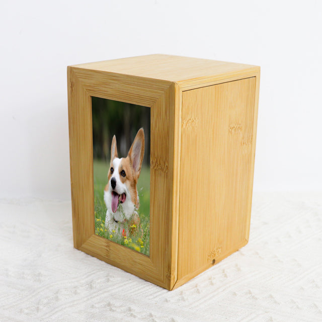 Bamboo Wood Handmade Pet Urn with Photo Frame - Can Be Customized