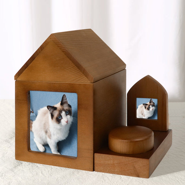 Wooden Handmade Pet Urn House Shape with Souvenir Photo Frame