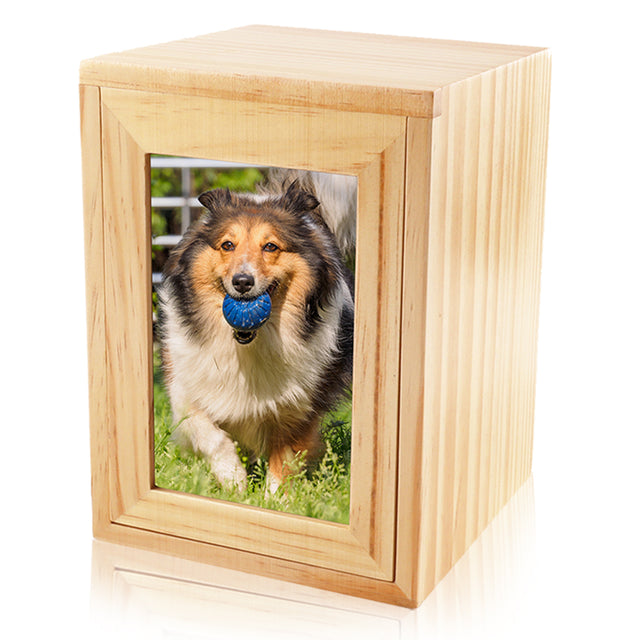 Large Pet Urn in Pine Wood with Photo Frame