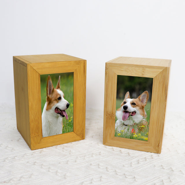Bamboo Wood Handmade Pet Urn with Photo Frame - Can Be Customized
