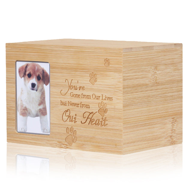 Puppy Paw Print Bamboo Wood Pet Urn with Commemorative Photo Frame