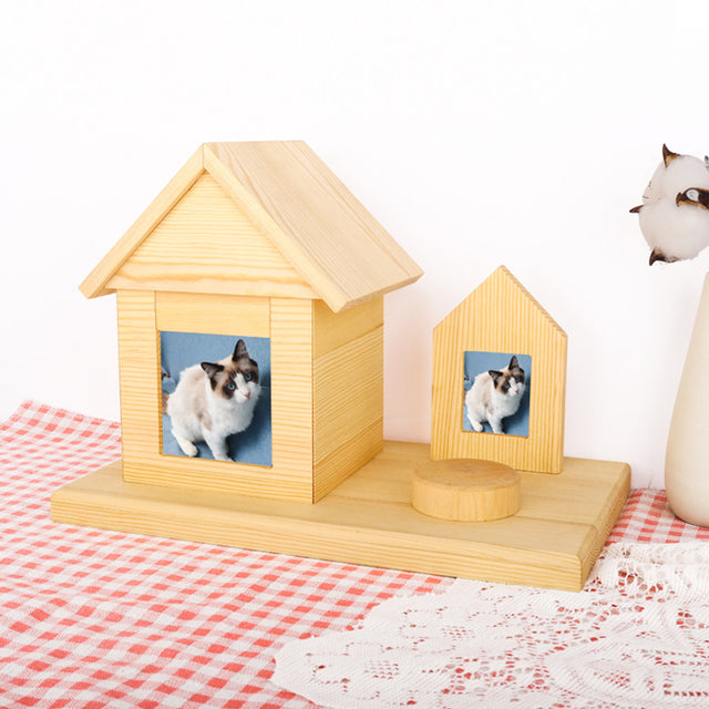 House Shaped Pine Pet Urn with Gravestone - Customizable