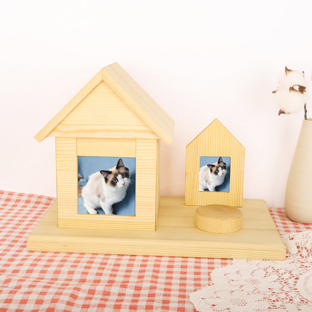 House Shaped Pine Pet Urn with Gravestone - Customizable