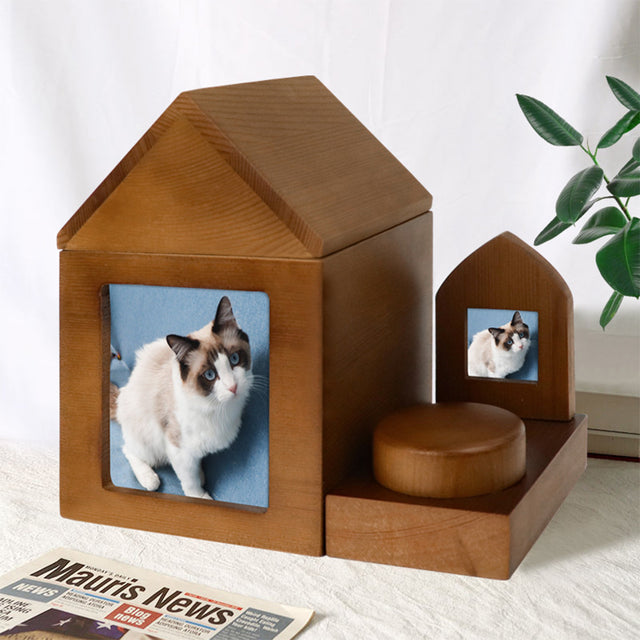 Wooden Handmade Pet Urn House Shape with Souvenir Photo Frame