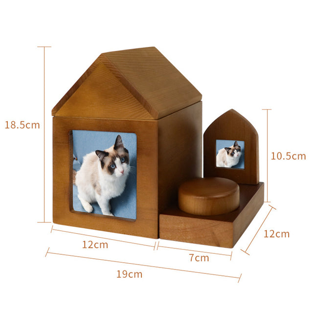 Wooden Handmade Pet Urn House Shape with Souvenir Photo Frame