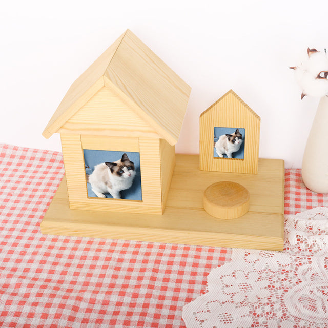 House Shaped Pine Pet Urn with Gravestone - Customizable