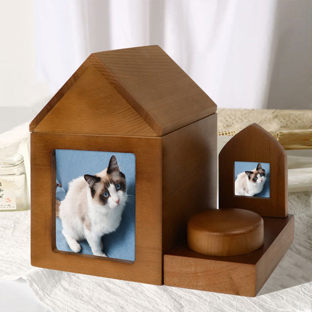 Wooden Handmade Pet Urn House Shape with Souvenir Photo Frame