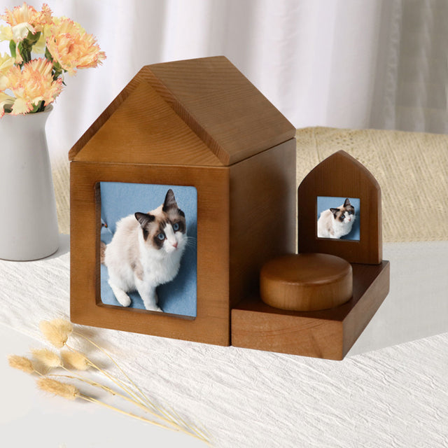 Wooden Handmade Pet Urn House Shape with Souvenir Photo Frame
