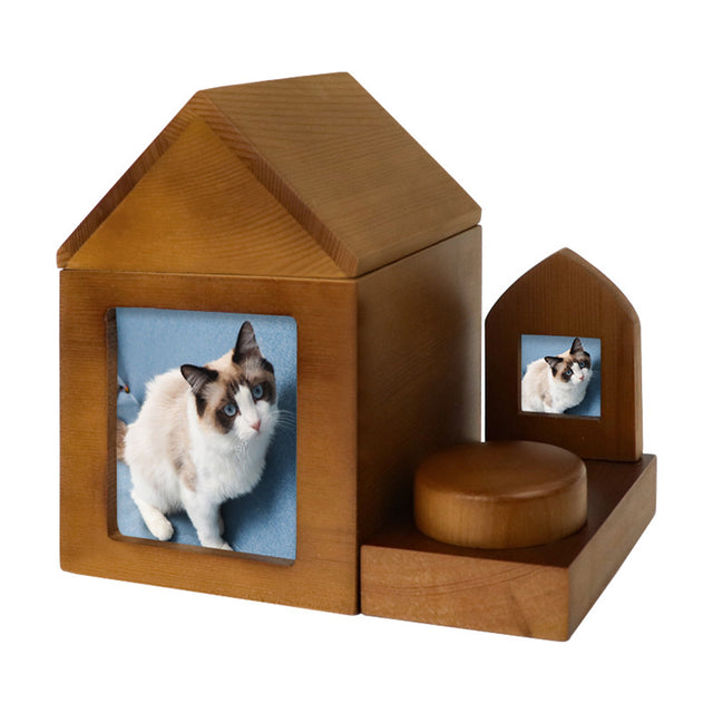 Wooden Handmade Pet Urn House Shape with Souvenir Photo Frame